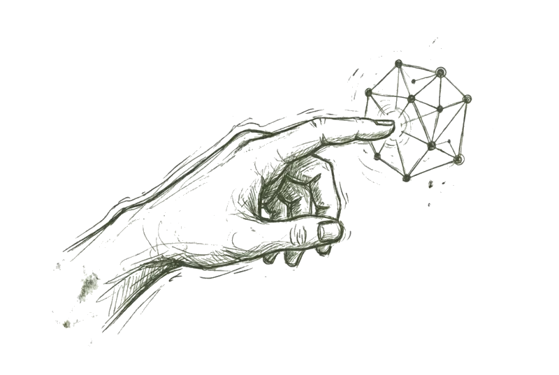 Hand reaching towards a connected geometric form