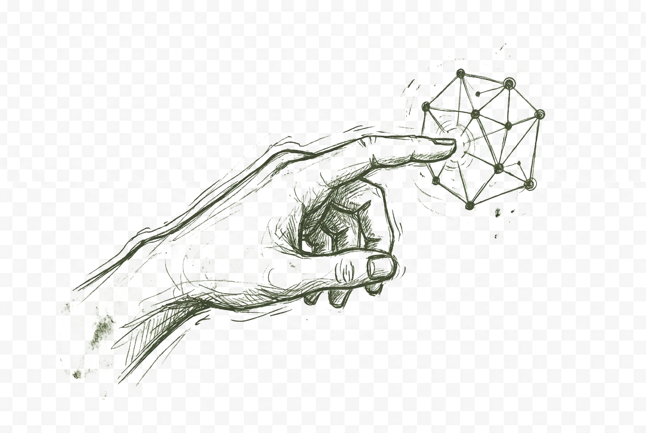 Hand reaching towards a connected geometric form